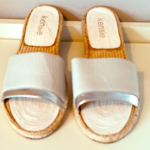 KENZIE Espadrille Flat Slide. Grayish Taupe Leather w/a Silver Accent. Size 11 - Picture 2 of 7